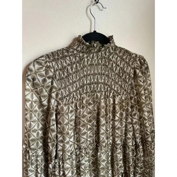 Olivaceous Sage Olive Green and White Mock Neck Dress with Smocking, Long Sleeve - Picture 3 of 9